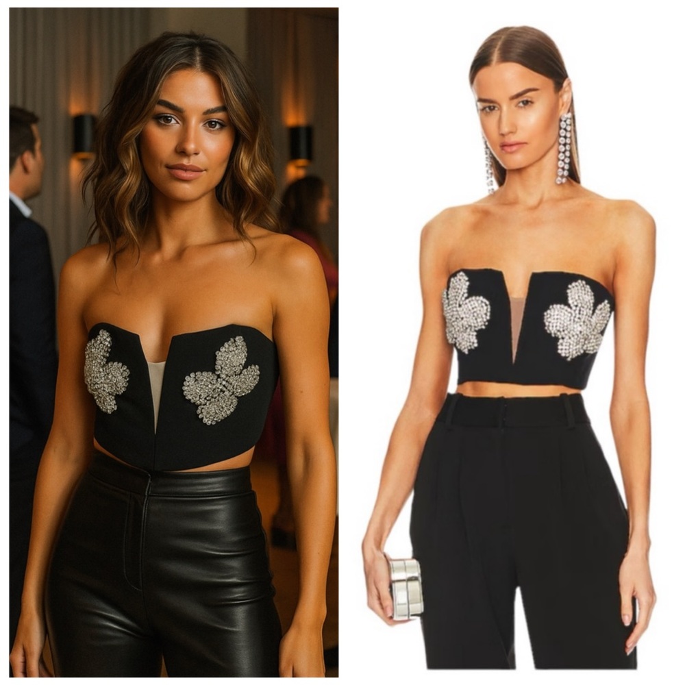 Bardot Elegant Black Crop Top with White Floral Accents